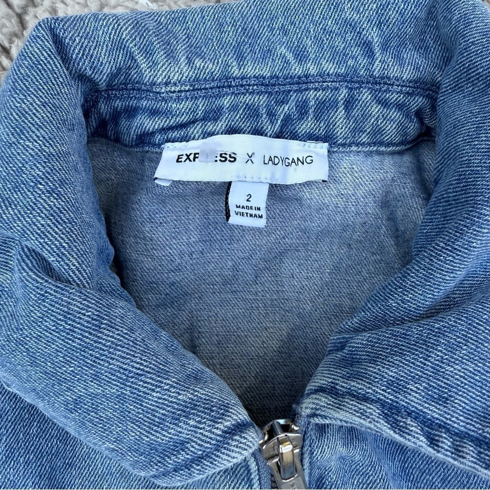 EXPRESS X LADYGANG DENIM JUMPSUIT ZIP JEAN UTILITY JUMPSUIT TIE WAIST Size 2 - Picture 6 of 9